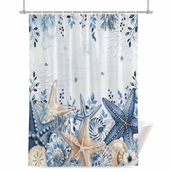 Coastal Shower Curtain, Ocean Blue Beige Starfish Shells Plant Leaves Ombre Waterproof Shower Curtain Set with 12 Hooks Lightweight Bath Curtains Fabric Bathroom Decor 48x72 Inches