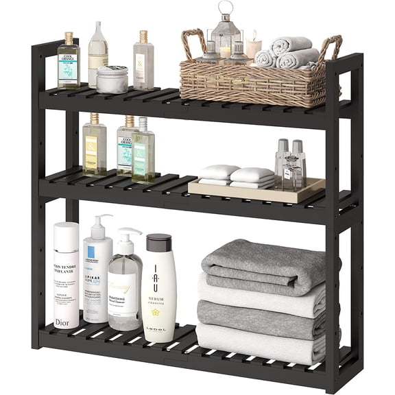 Bathroom Shelf Bamboo Organizer Rack Adjustable 3-Tier Storage Shelf Wall Mounted Storage Rack Over The Toilet Utility Shelves Living Room Kitchen Shelf(Black)