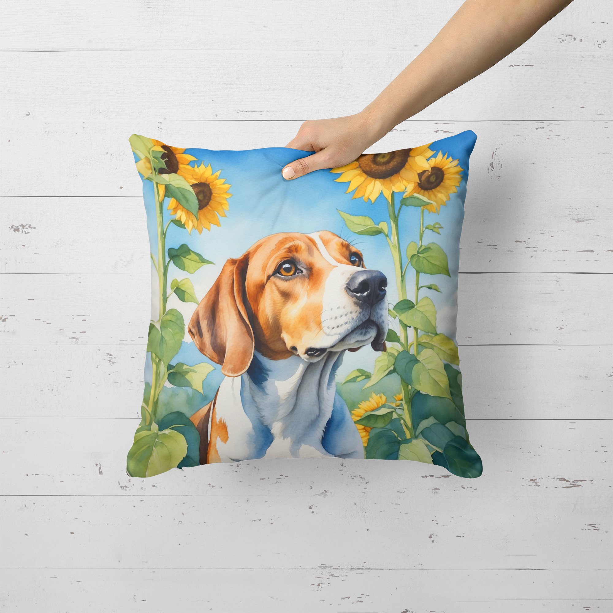 English Foxhound in Sunflowers Throw Pillow 18 in x 18 in
