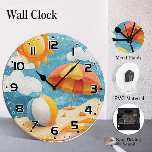 ZXCXRQFa Silent Clocks Cute Beach Themed Summer Wall Clock Art Hanging Clocks Silent Non-Ticking Desk Clock Battery Operated Round Home Style Numeral Decorative Wall Clocks