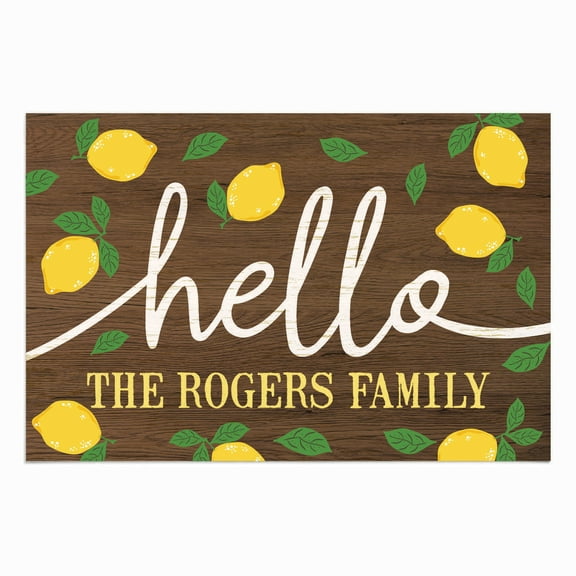 Personalized Planet 27x18 Hello Lemons Doormat with Custom Family Name Printed on Brown Rectangular 1/8” Thick Non Slip Mat for Kitchen Hallway Deck or Porch