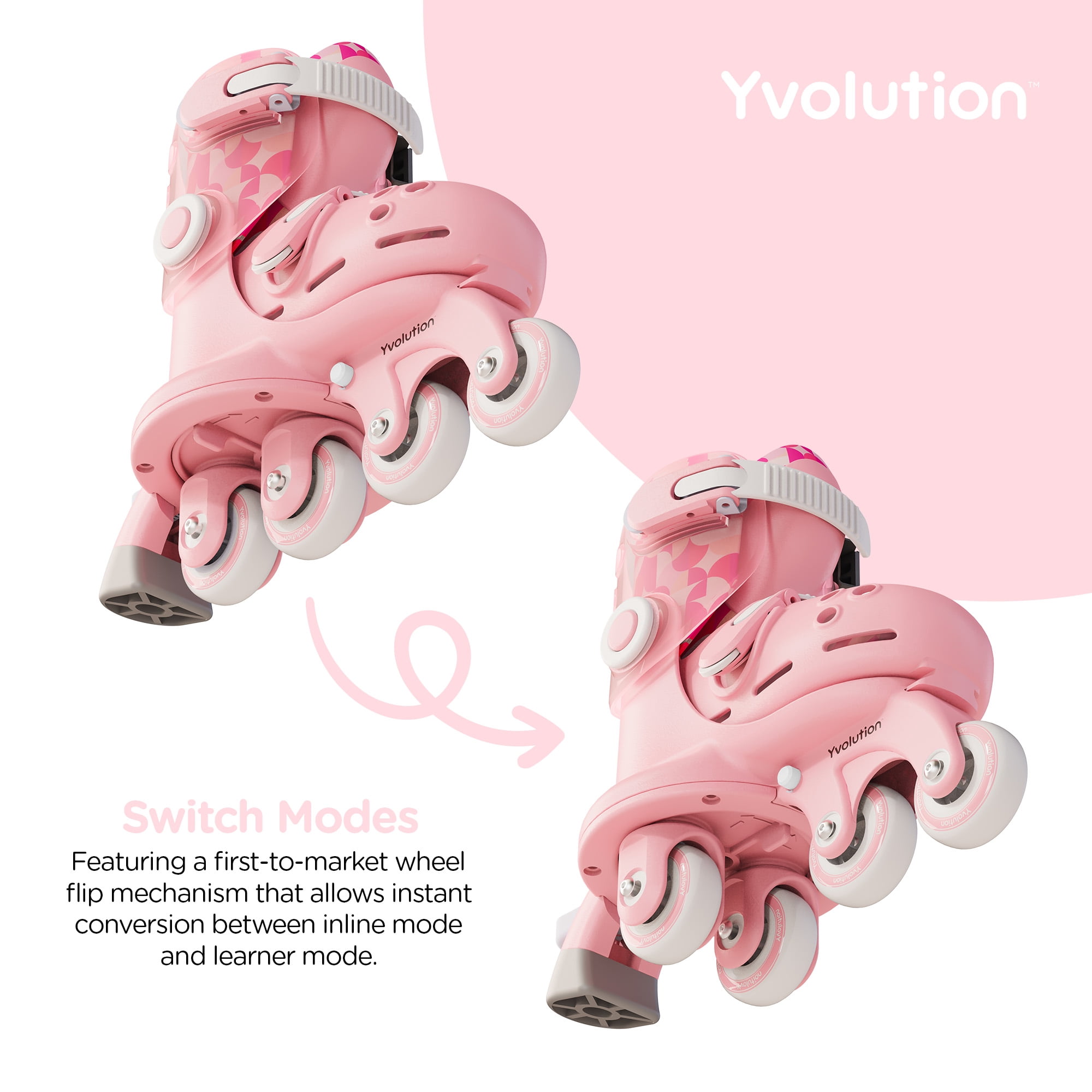 Yvolution Twista Skates, Adjustable 2-in-1, Kids Size 7J-11J, One Pair, Pink, Unisex