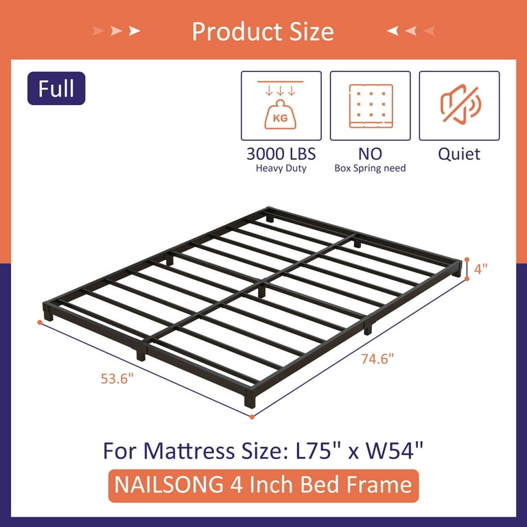 Maenizi 4 Inch Bed Frame Full Low Profile, Full Size Metal Bed