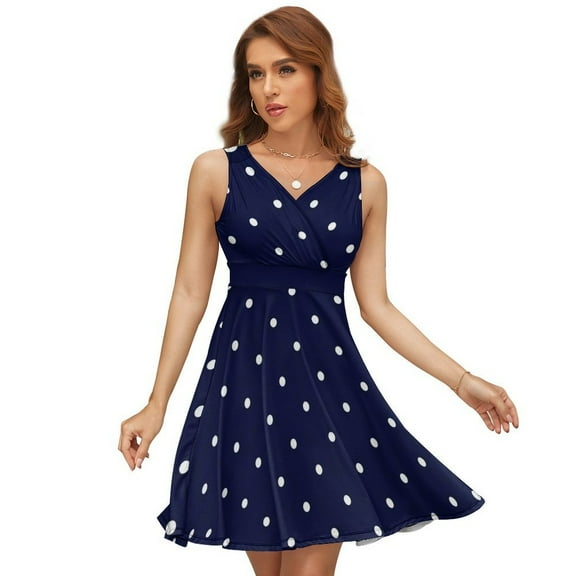 White Free Polka Dots on Navy Blue Background Sundress Sleeveless Dress Summer Women Clothes Dress for Women Dresses