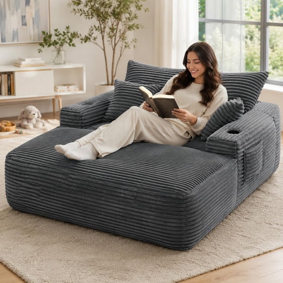 MUERE 65" Oversized Chaise Lounge Chair, Corduroy Boneless Cloud Couch with 2 Cup Holders & Pillows, No Assembly Required, Deep Seat Sleeper Sofa for Indoor Living Room, Bedroom (Dark Grey)