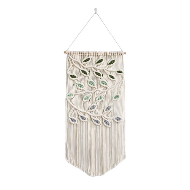 Mictong Tapiz decorativo de hilo con encaje de hojas verdes estilo bohemio, ideal para dormitorio, estilo rústico, para decoración del hogar, color blanco, 1 pieza.