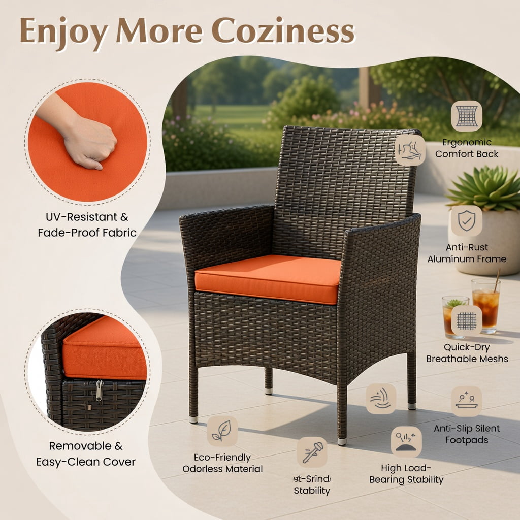 Hommoo 4-Piece Outdoor Rattan Patio Furniture Set with Removable Cushions, Loveseat, 2 Chairs, Tempered Glass Coffee Table, Weather-Resistant PE Wicker, Orange