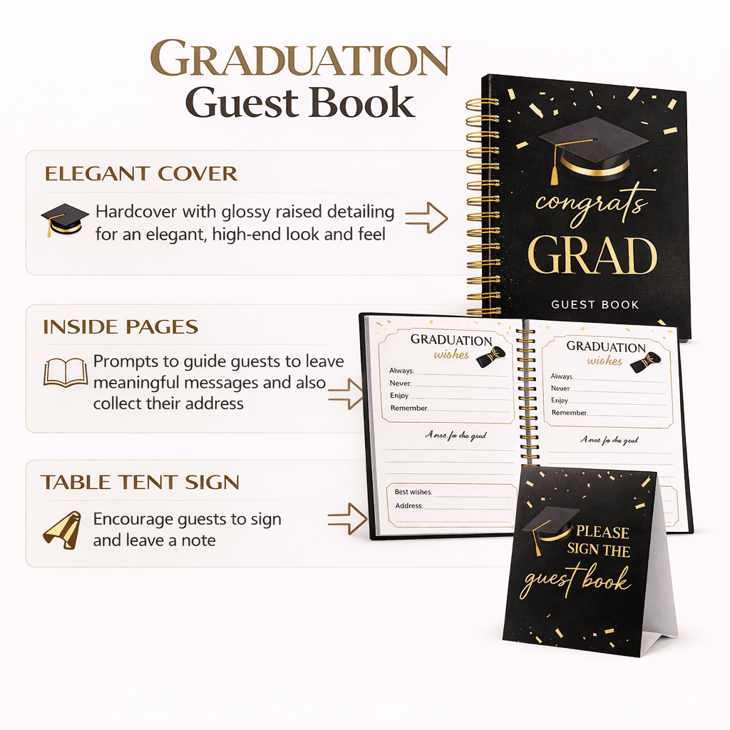 Graduation Guest Book - Black Hardcover - Gold Spiral Binding - 120 Pages - Grad Guestbook