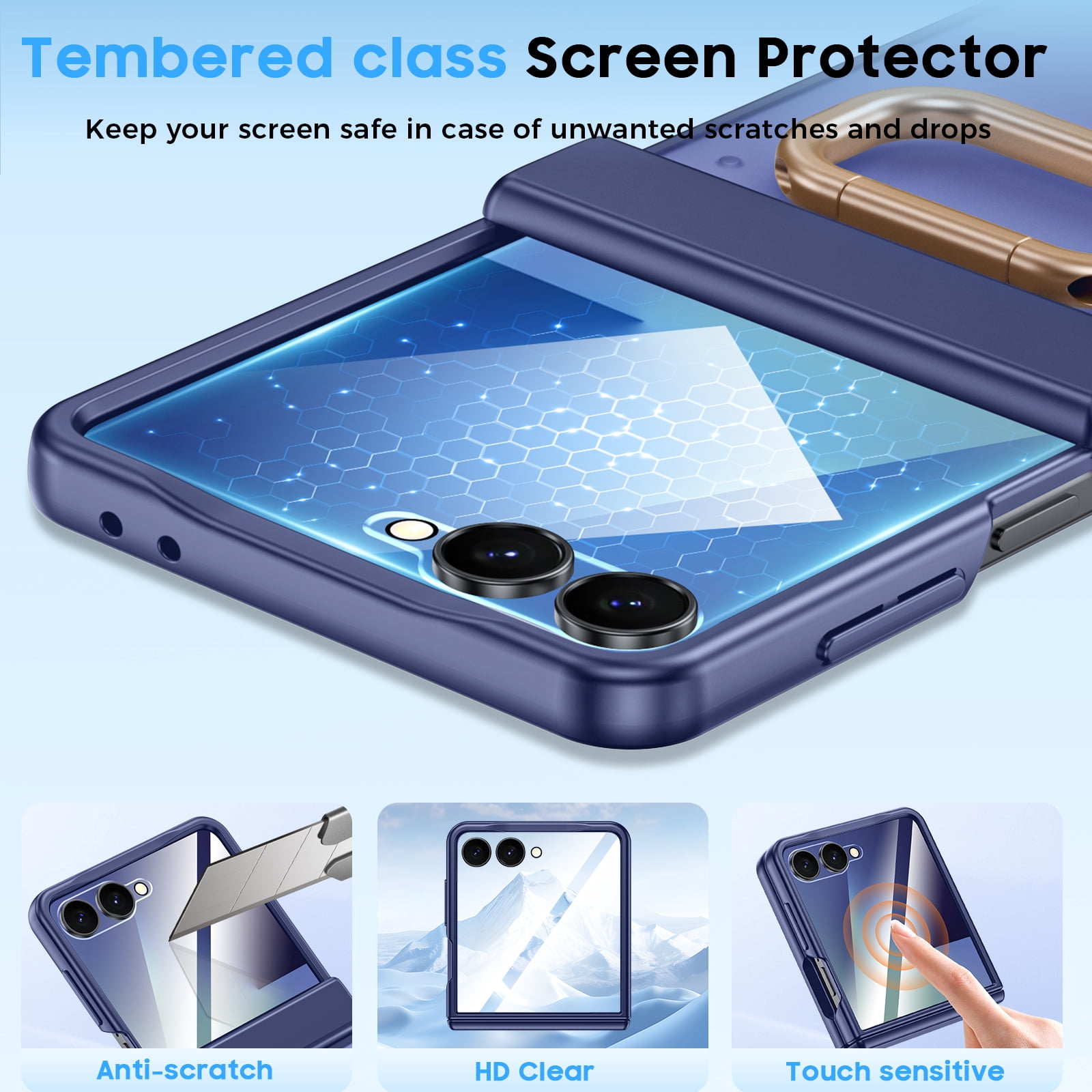 Vizvera for Samsung Galaxy Z Flip 7 Case with Ring Holder & Screen Protector & Hinge Protection,Wireless Charging,Skin Feel Matte PC,Shockproof Phone Case-Blue
