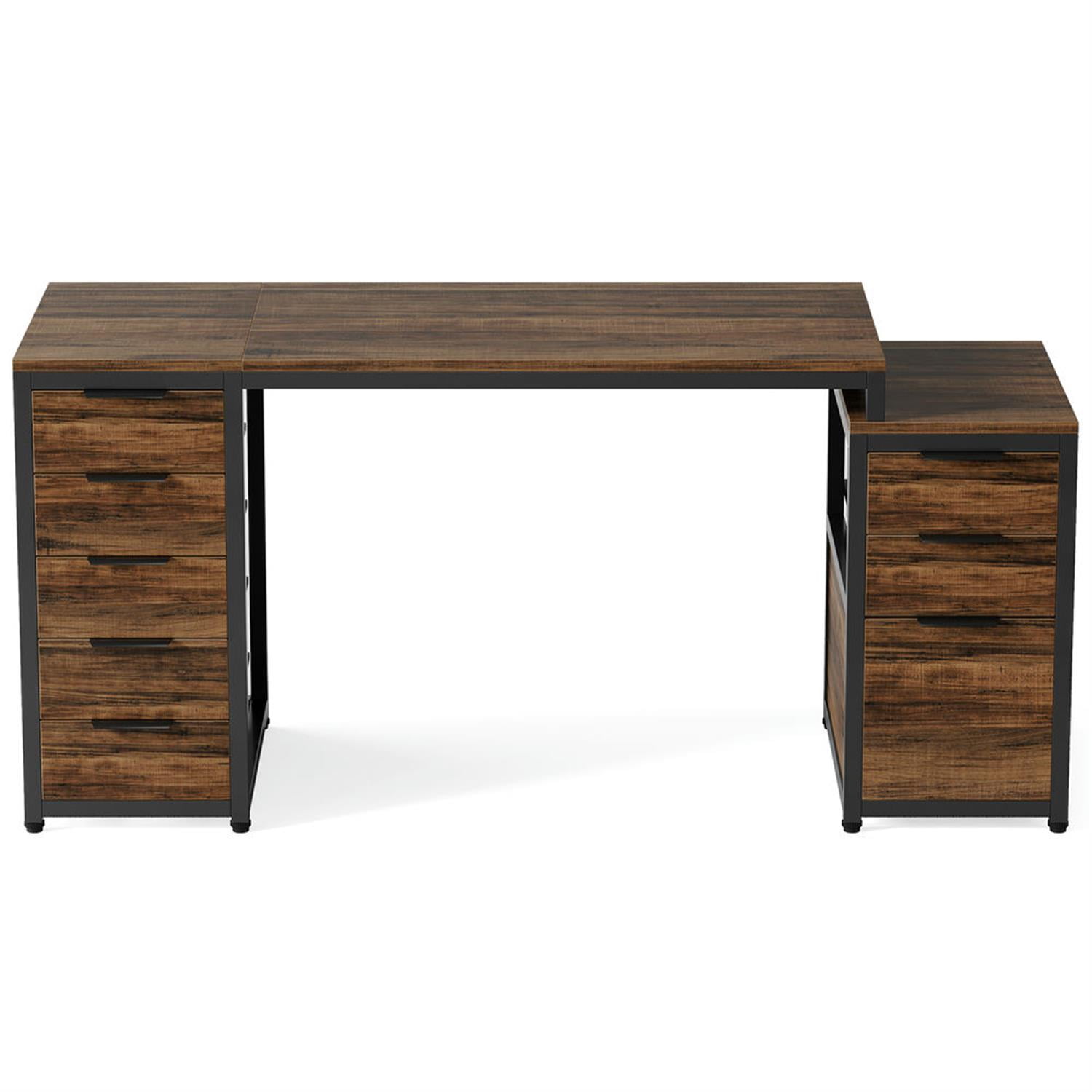 Demi Bonn 63" Computer Desk with File Cabinet and Storage Drawers, Modern Study Writing Gaming Table for Home Office, Brown