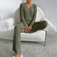 thumbnail image 4 of QATAINLAV 2 Piece Lounge Sets for Women Ribbed Knit Long Sleeve V Neck Pullover Tops Matching Wide Leg Pants Fall Winter Pajama Outfits Army Green S Prime Today, 4 of 9