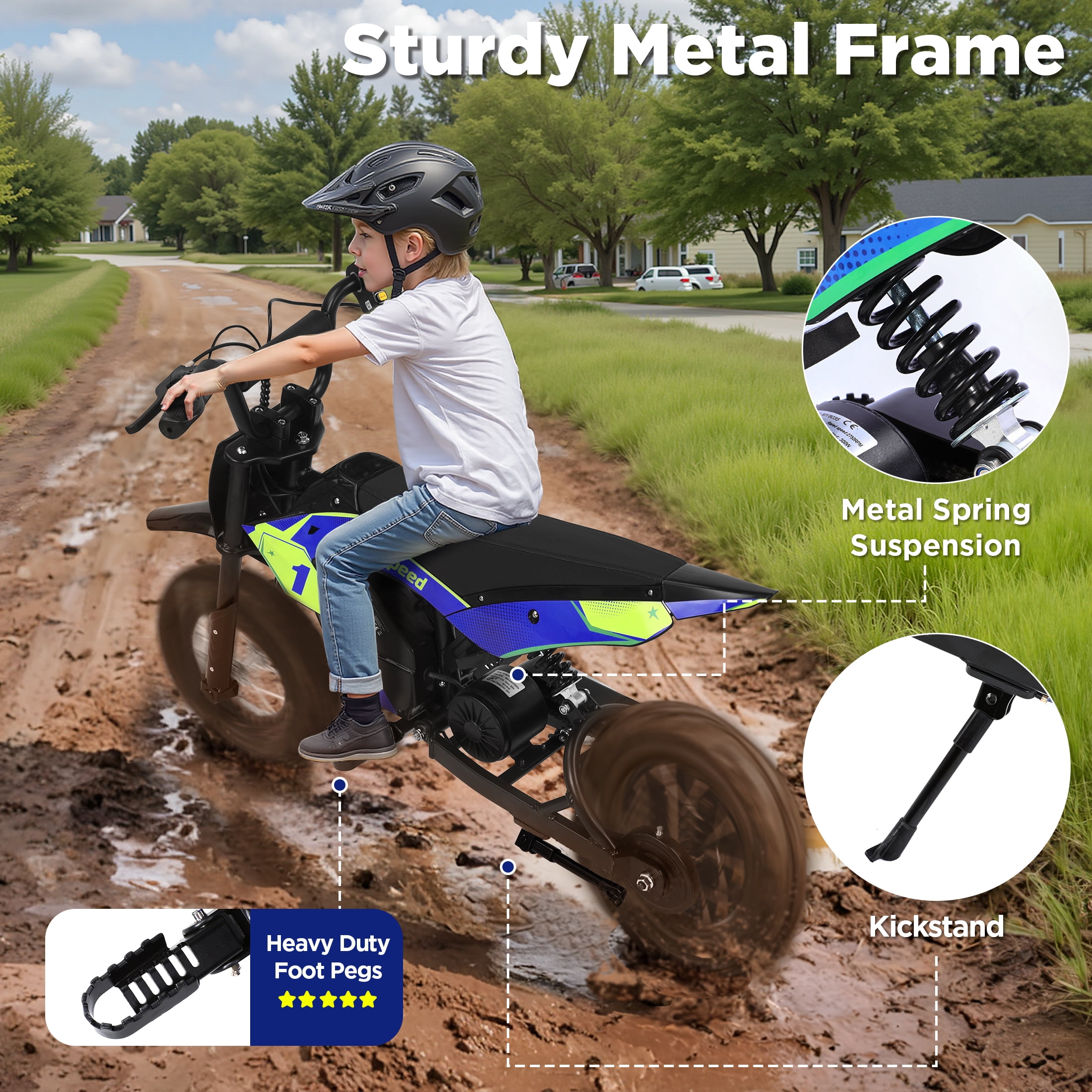 Hijoke 36V Kids Electric Dirt Bike, 15.5 MPH High-Speed Electric Motorcycle Ride on Toy for Kids Above 6, 133 LBS Max Load, 10-Mile Range, Waterproof Seat, Twist Grip Throttle, Blue & Green