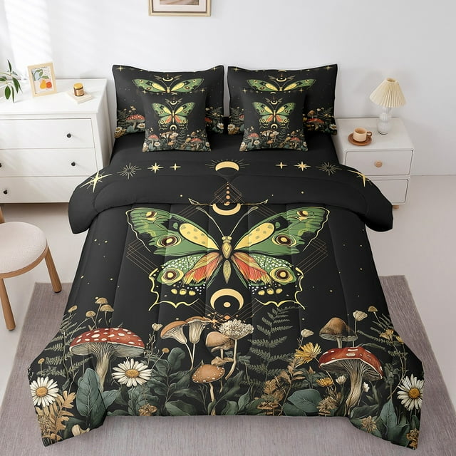 YST Gothic Butterfly Bedding Set, Bohemian Mushroom Comforter Set, Trippy Moth Botanical Wild Plants, 7-Piece, Twin Size