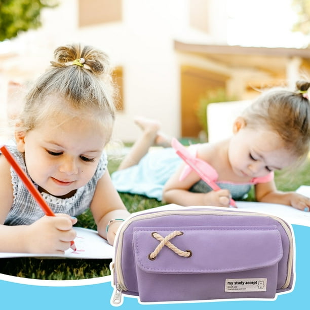 Estuche de lápices de cuerda con botones de gran capacidad para niñas | Estuche impermeable de lino y nailon con organizador de malla para material escolar