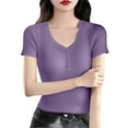 thumbnail image 4 of Holzkary Women's Henley T Shirts Summer Deep V Neck Ribbed Short Sleeve Slim Fit Button Tops Casual Tee Ice T Shirt Woven Sweater Versatile Thin V Neck Slimming Base Layer Worn Outside Light Violet M, 4 of 7