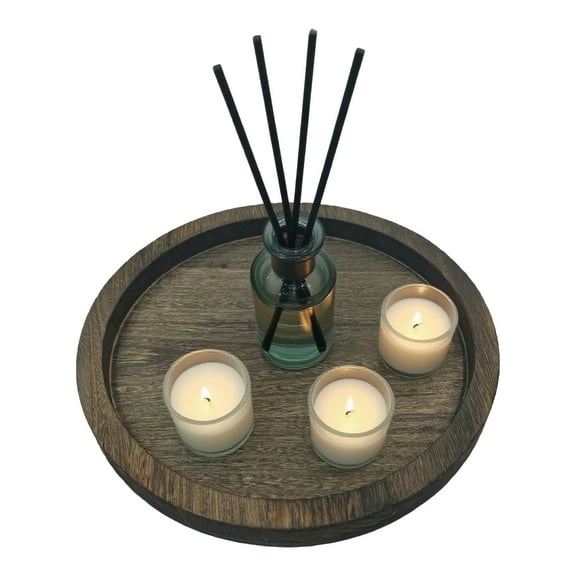 WLGJL Rustic Wooden Serving Tray: Round Wood Butler Decorative Tray Vintage Centerpiece Candle Holder Trays Farmhouse Ottoman Tray for Decor Countertop Home Decor Accessories for Coffee Table