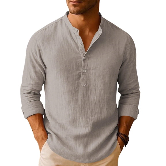 Mens Cotton Linen Shirt Long Sleeve Button up Henley Tops Pullover Casual Beach Spring Summer Fashion Blouses (XL, Gray)