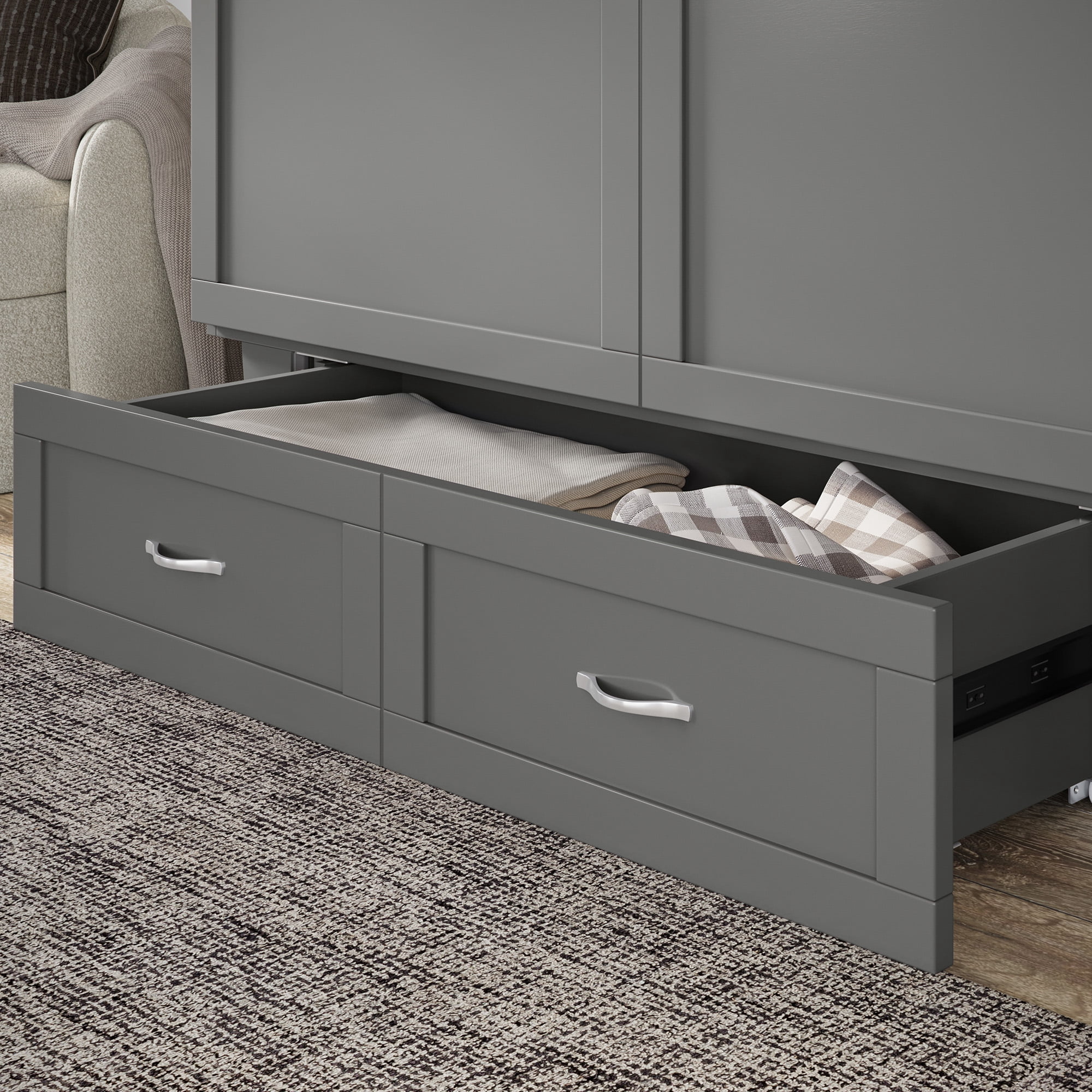AFI Chelsea Queen Murphy Bed Chest with Mattress, Storage & Built-in Charging, Grey
