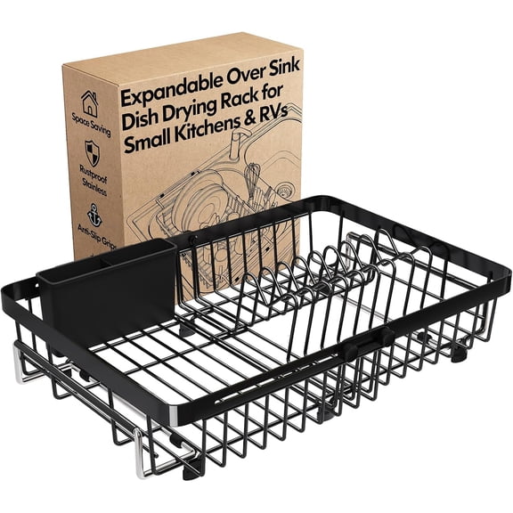 OKYWHOP Expandable Stainless Steel Over Sink Dish Drying Rack with Utensil Holder, Rustproof Space Saving Dish Drainer