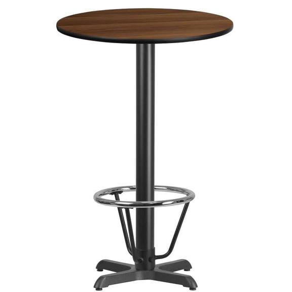 24" Round Walnut Laminate Table Top With Bar Height X Base and Foot Ring - Bar Height Restaurant Table