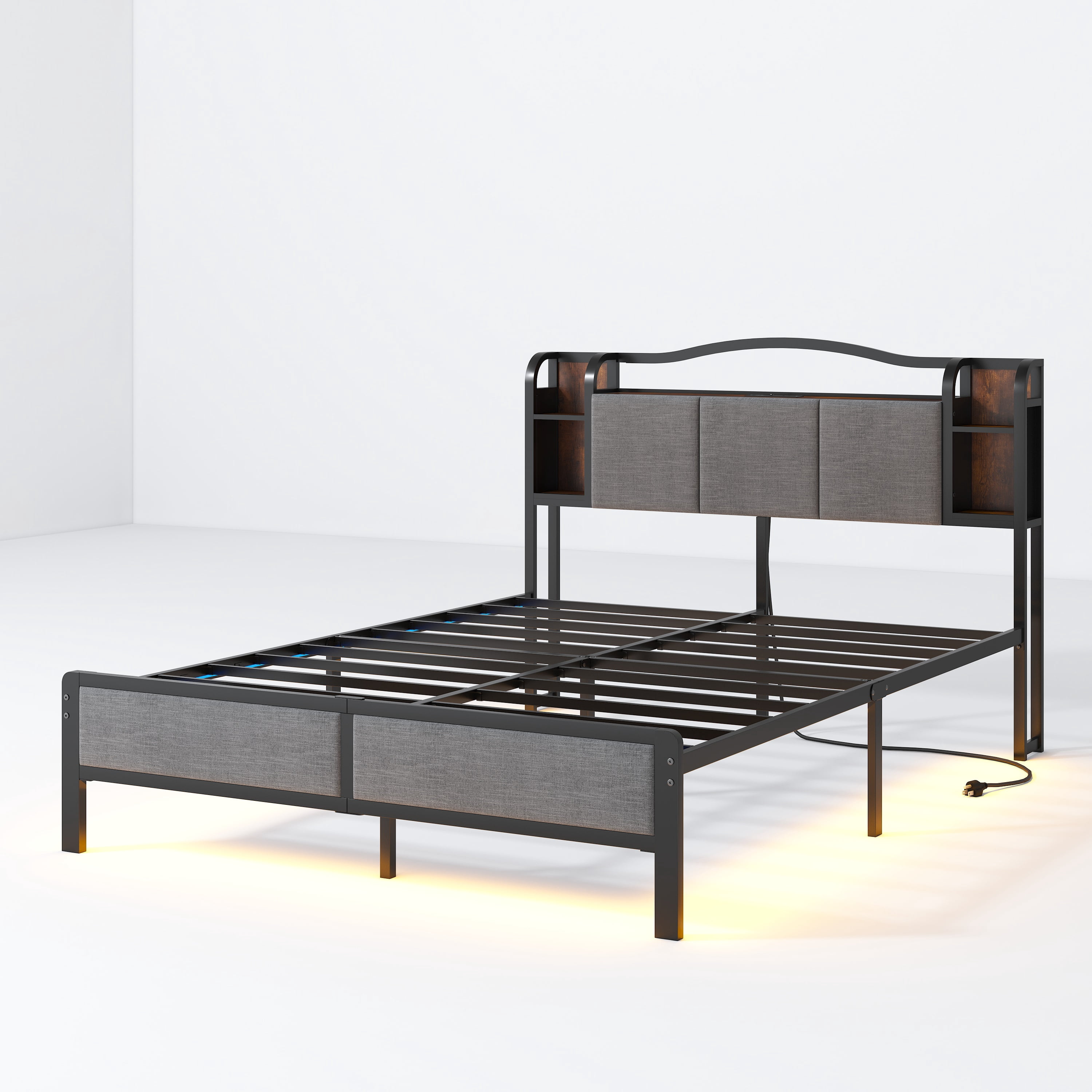 WANTAI Queen Upholstered Platform Bed Frame with LED Lights and Charging Station