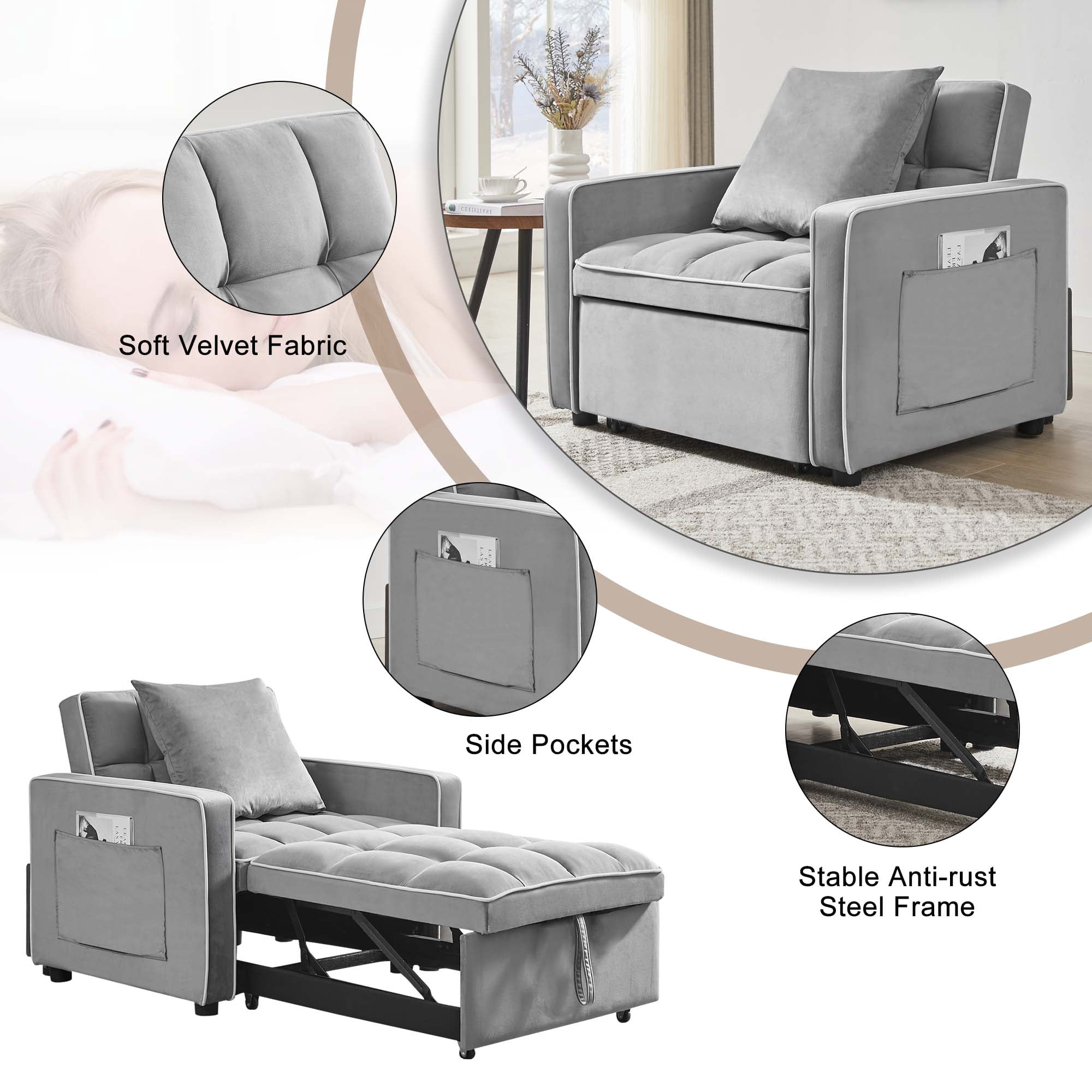 Aukfa Sleeper Chair Bed, Convertible Pull Out Sofa Bed for Living Room Apartment, Gray