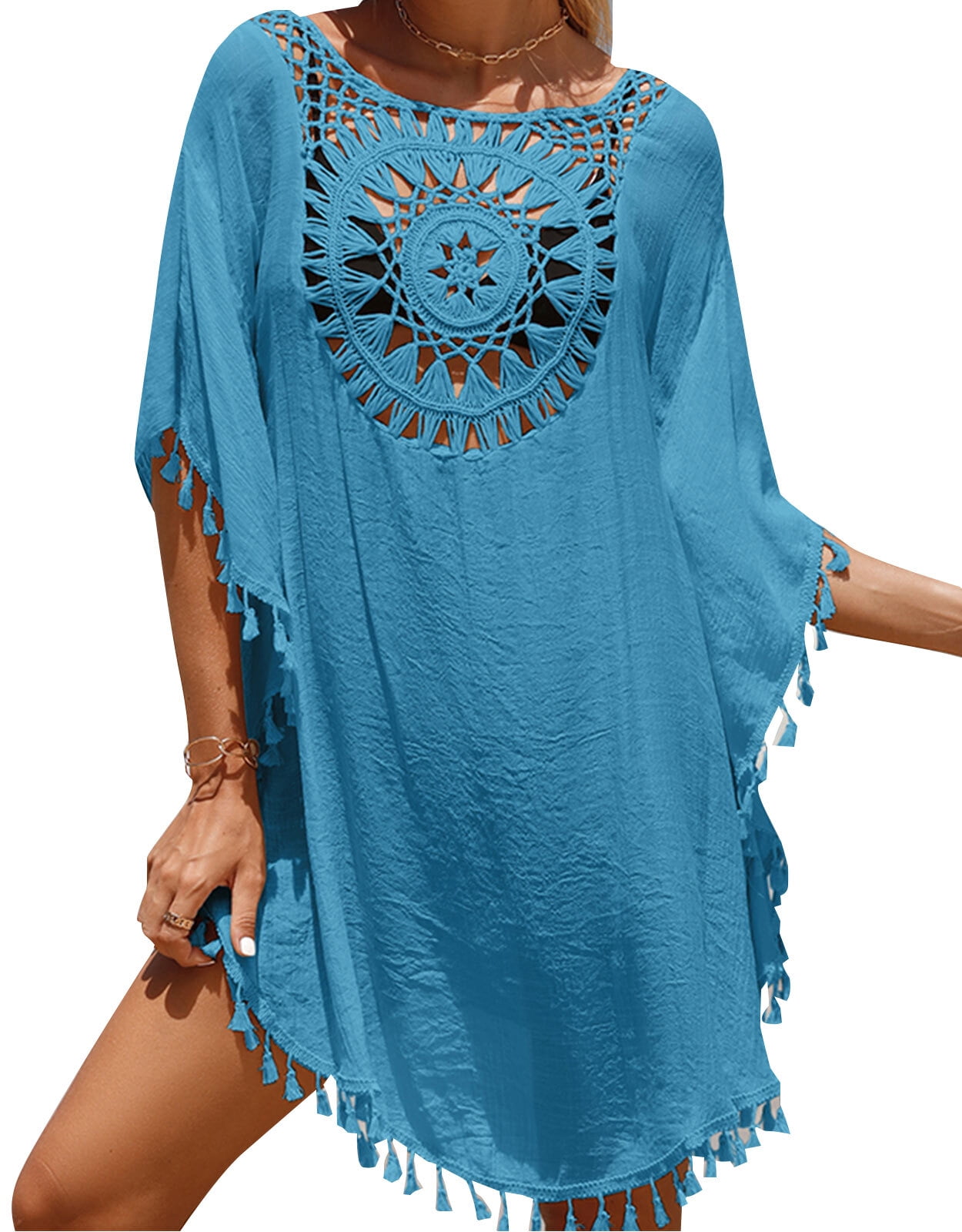 Womens plus size stripe chiffon coverup tassel swimsuit beach bikini