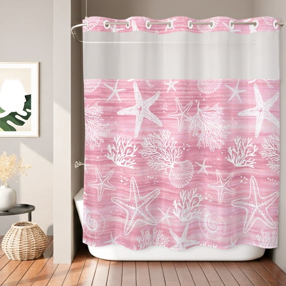 Ocean Shower Curtain, Summer Beach Sea Star Coral Shell Pink Texture Waterproof No Hooks Bath Shower Curtain with See Through Top Window for Bathroom Bathtub 72x78in