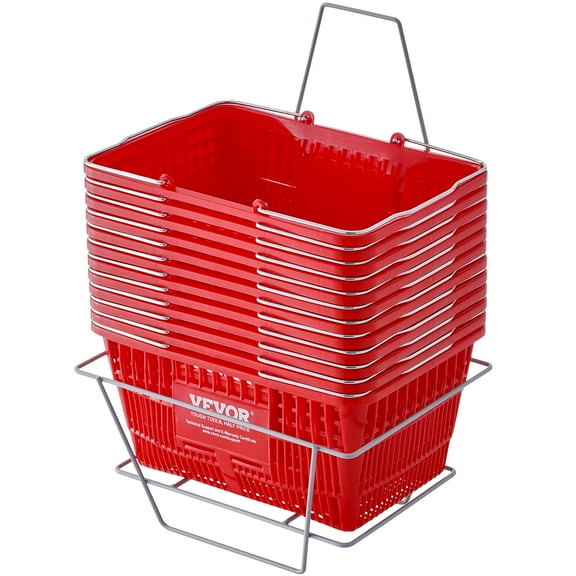 VEVOR Shopping Basket, Set of 12, 21L Durable Plastic Grocery Basket with Metal Handle and Stand,16.73 x 12.01 x 8.58 inch Portable Shop Basket Used for Retail Store Supermarket Grocery Shopping, Red