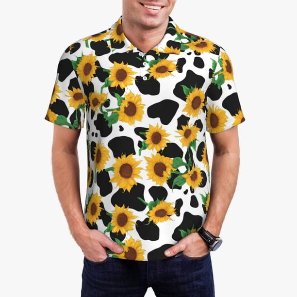 Fotbe Cute Cow Print Sunflower C Camiseta Polo de Golf para Hombre con Estampado – Camisa Deportiva Transpirable con Cuello Abotonado-4X-Large