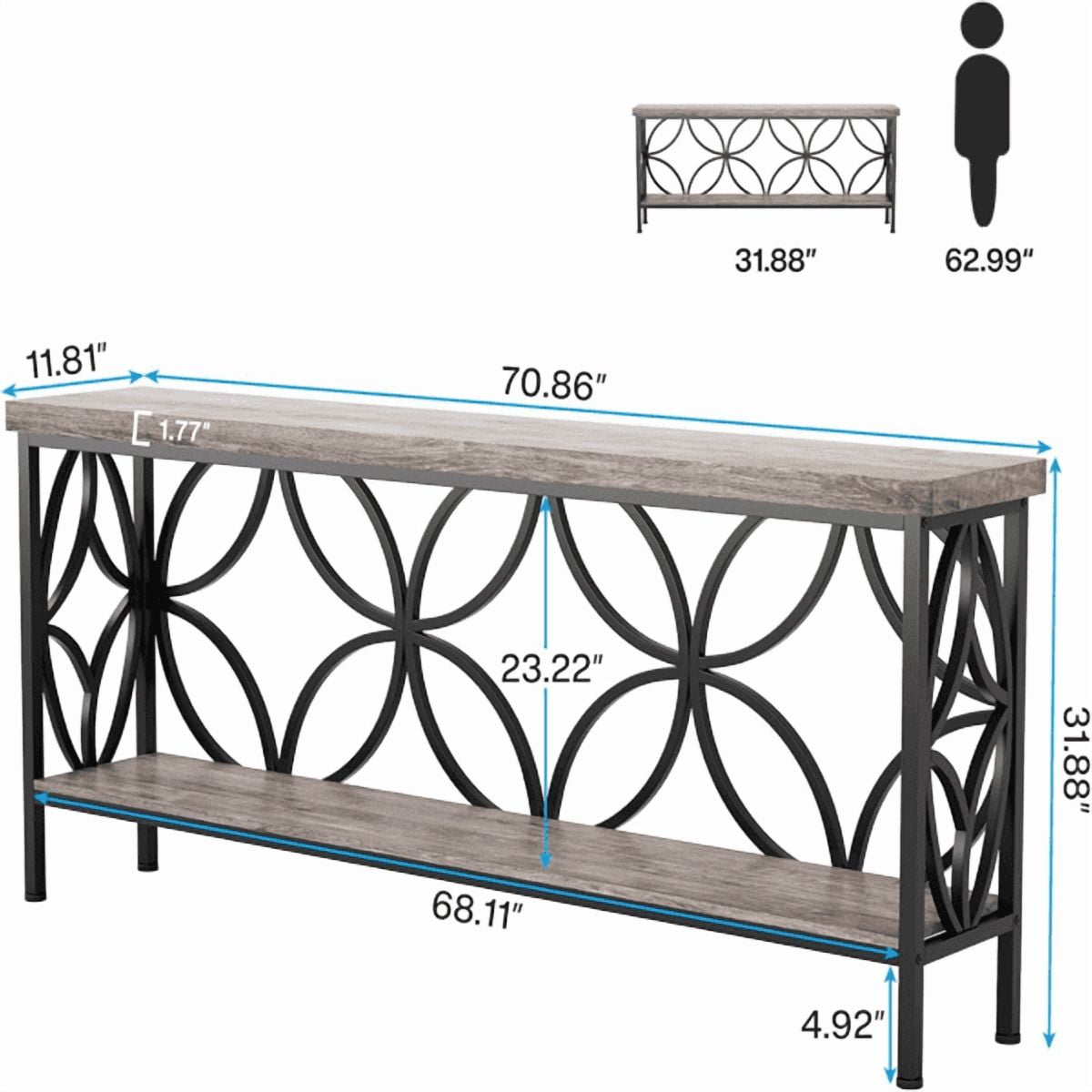 70.9" Industrial Behind Sofa Console Table - Vintage Wood Grain & Black Metal, 2-Tier Storage, 198lb Capacity, Slim Design for Entryway, Hallway, Living Room