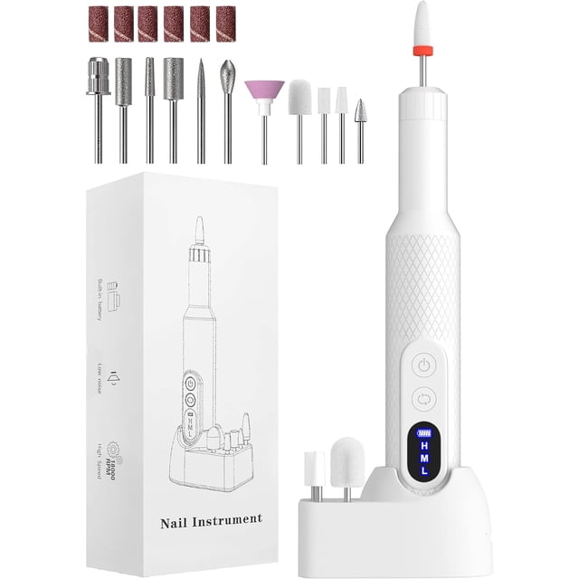 Electric Nail Files, Nail Drill Portable E File Kit with Rechargeable Base, 12 Drill Bits, Adjustable Speed Electric Manicure and Pedicure Set for Acrylic Nails, Gel Nails