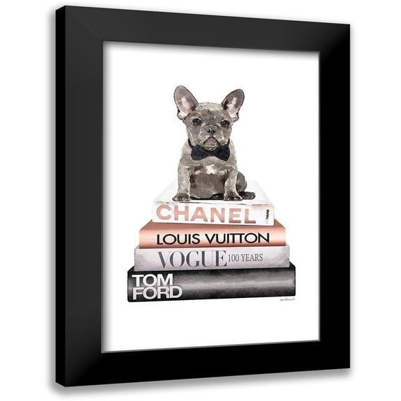Amanda Greenwood 11x14 Black Modern Framed Museum Art Print Titled - Rose Gold Frenchie Bookstack