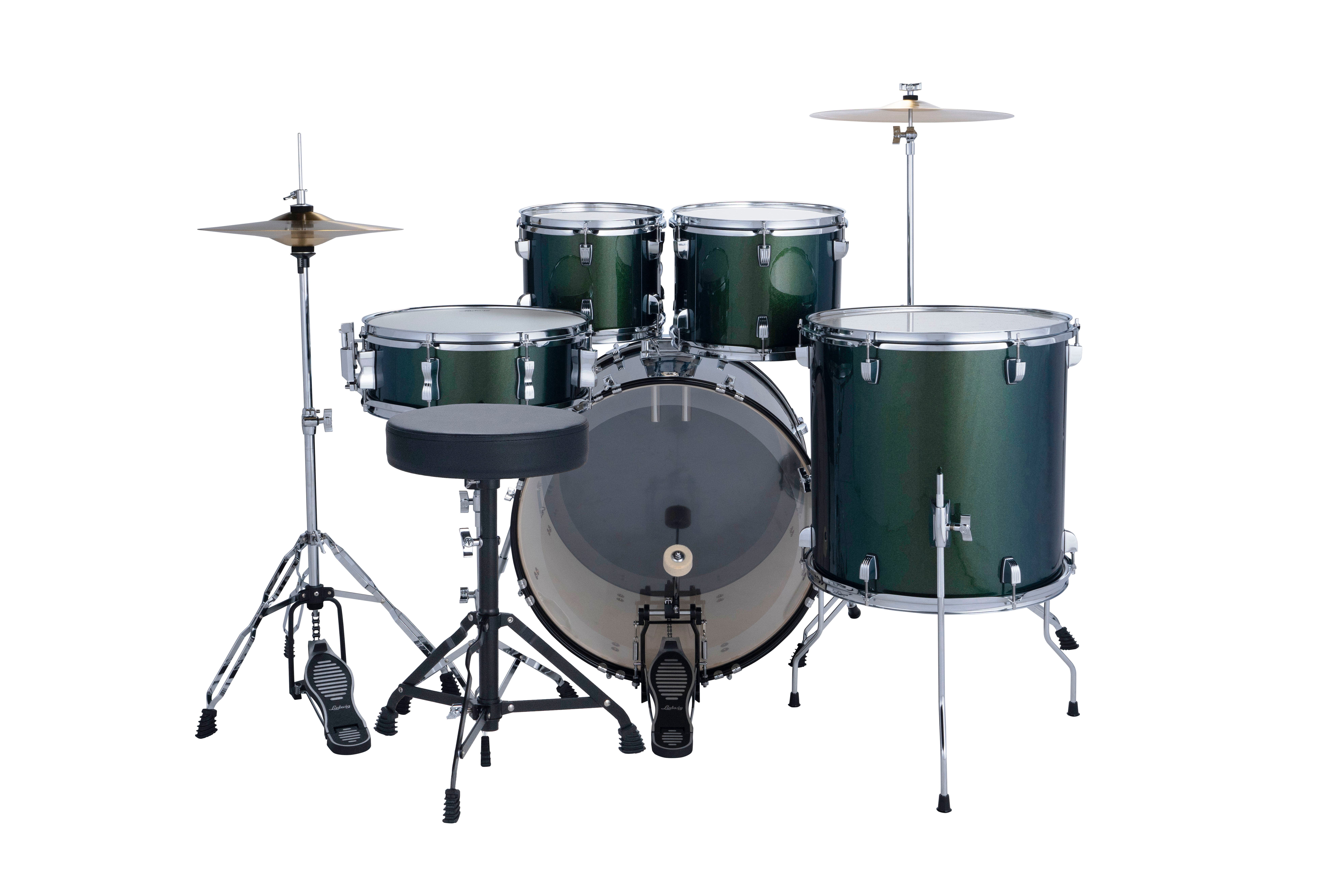 Ludwig Accent Drive 5PC Drum Set W/Hardware & Wuhan Cymbals, 22" Bass Drum, Jade Dust