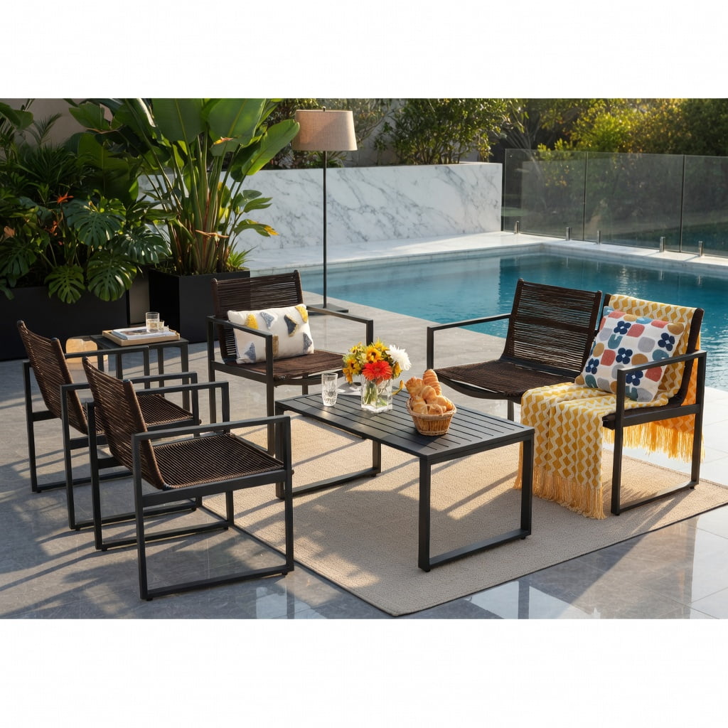 Hommoo 4-Piece Modern Outdoor Patio Conversation Set, Steel Frame Sofa Loveseat with Coffee Table, Weather-Resistant Polyester Rope Design for Backyard, Poolside & Balcony, Brown and Black