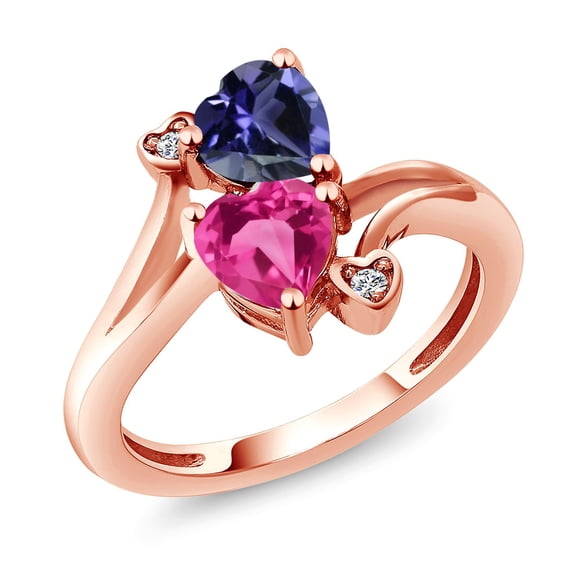 Gem Stone King 18K Rose Gold Plated Silver Blue Iolite Pink Created Sapphire and White Lab Grown Diamond Ring for Women (1.41 Cttw, Heart Shape 6MM, Gemstone Birthstone, Size 6)