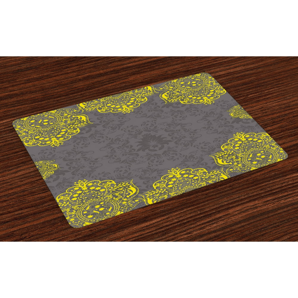 Grey and Yellow Placemats Set of 4 Traditional Victorian Style Abstract