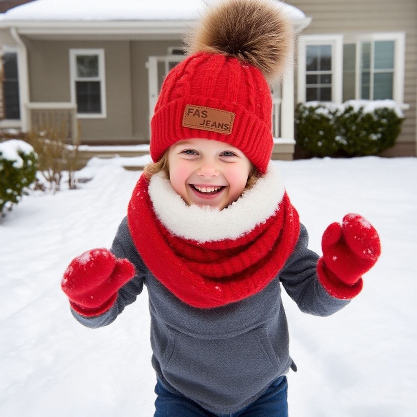 DIYMAG 2 Packs Winter Beanie Hat Scarf Gloves Set for Kids, Toddlers Knitting Cap Neck Warmer Gloves Set for Aged 2-8 Year（Red, White）