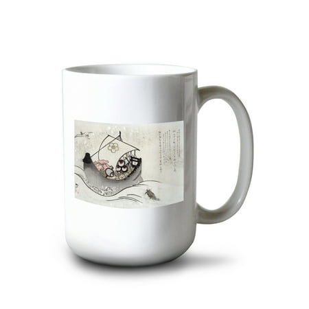 

15 fl oz Ceramic Mug Treasure Ship with Crane and Tortoise Japanese Wood-Cut Print Dishwasher & Microwave Safe