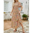 thumbnail image 2 of Women's 2024 Summer Casual Floral Print Short Flutter Sleeve Crew Neck Smocked High Waist Flowy Maxi Dress, 2 of 6