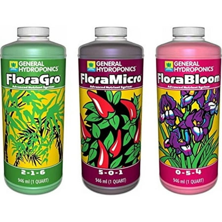 General Hydroponics Flora Grow, Bloom, Micro Combo Fertilizer set, 1 Quart (Pack of