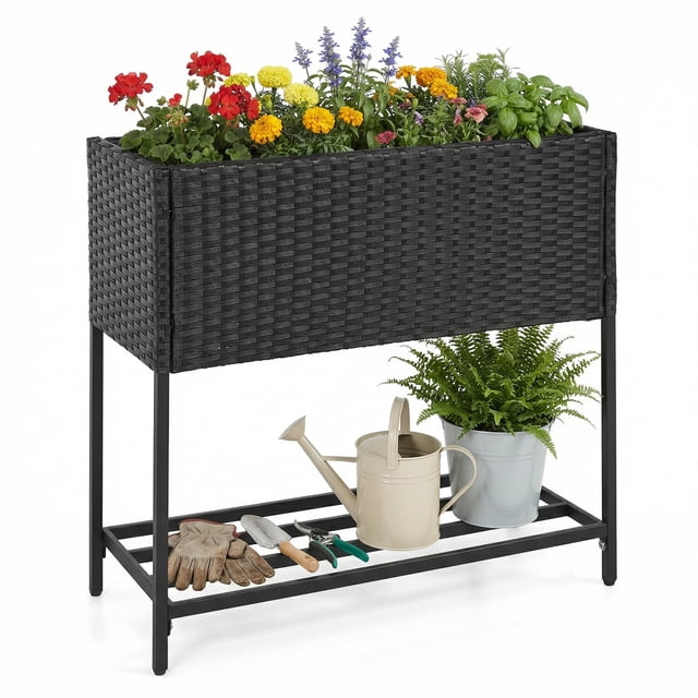 Gymax Elevated Planter Box Raised Garden Bed w/ Rattan Surface Bottom Storage Shelf
