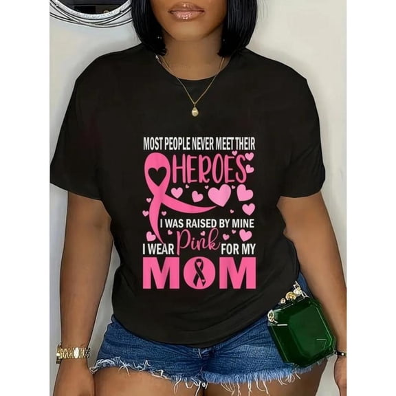 Women's Pink Mom Graphic Cotton T Shirt Casual Comfortable Short Sleeve Round Neck Top Black S-5XL