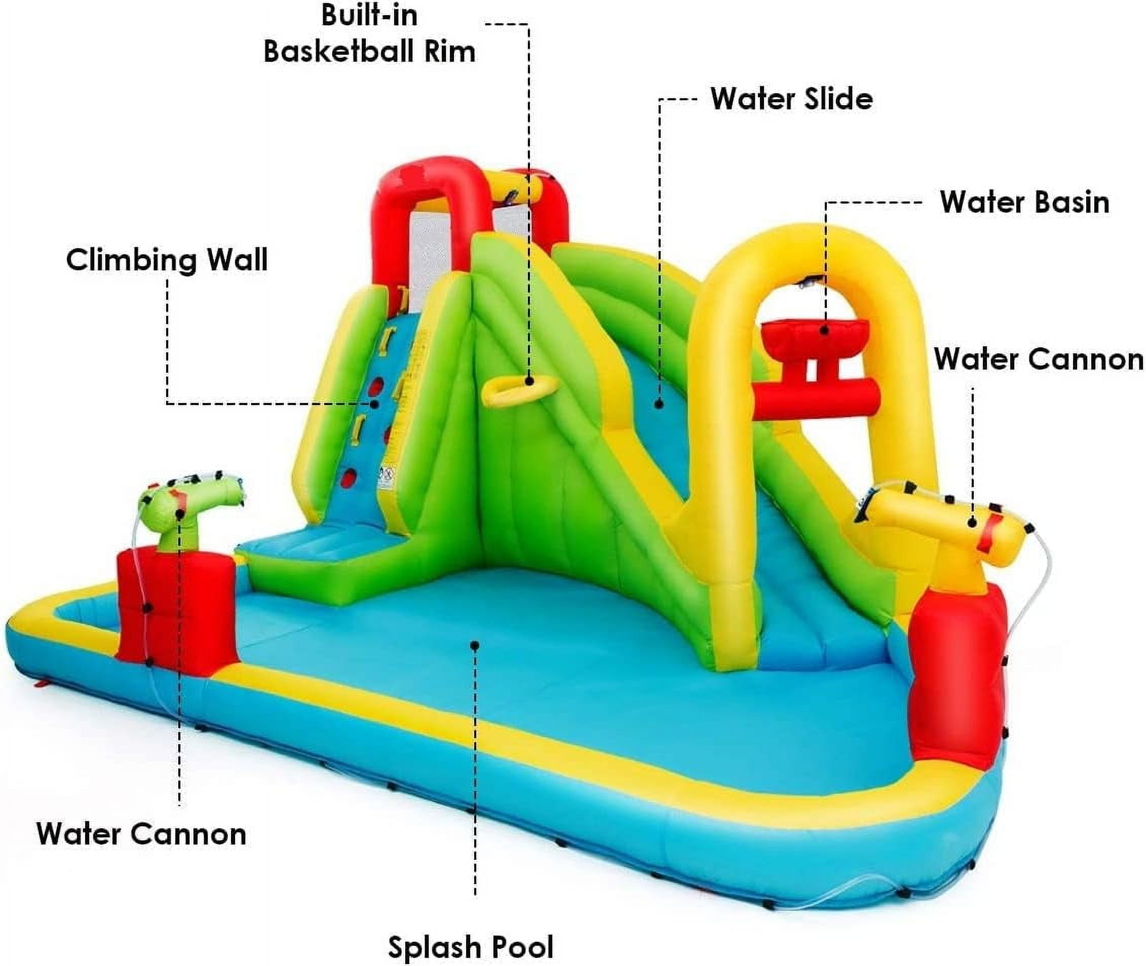 OLAKIDS Inflatable Water Slide, 7 in 1 Bounce House with 2 Slides, Climbing Wall, Splash Pool, Basketball Rim, 2 Water Blasters, Outdoor Water Park with Carrying Bag, Hose