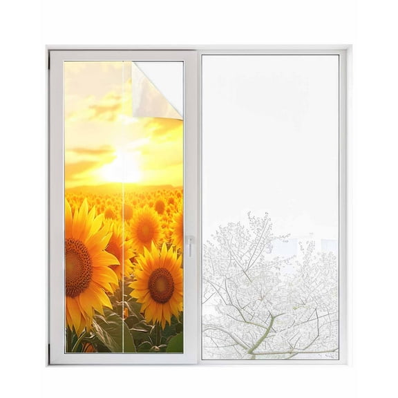 Window Privacy Film Summer Sunflowers Stained Glass Window Film Decorative Sun Block Window Cover Farmhouse Botanical Floral Sunset Window Clings Static Adhesive Sticker for Bathroom 29.5"x78.7"