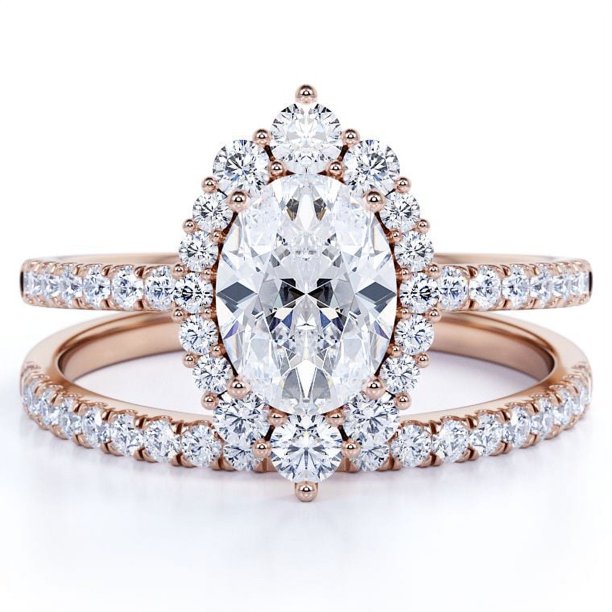 JeenMata Anillo de Bodas Vintage con Pavé de Diamantes Reales de Corte Ovalado y Halo Engastado en Oro Rosa de 10 K
