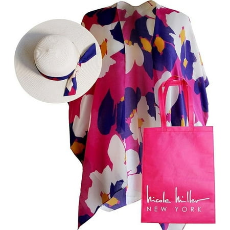 Nicole Miller New York Women Straw Sun Hat  Beach Cover Up  and Matching Travel Tote Bag