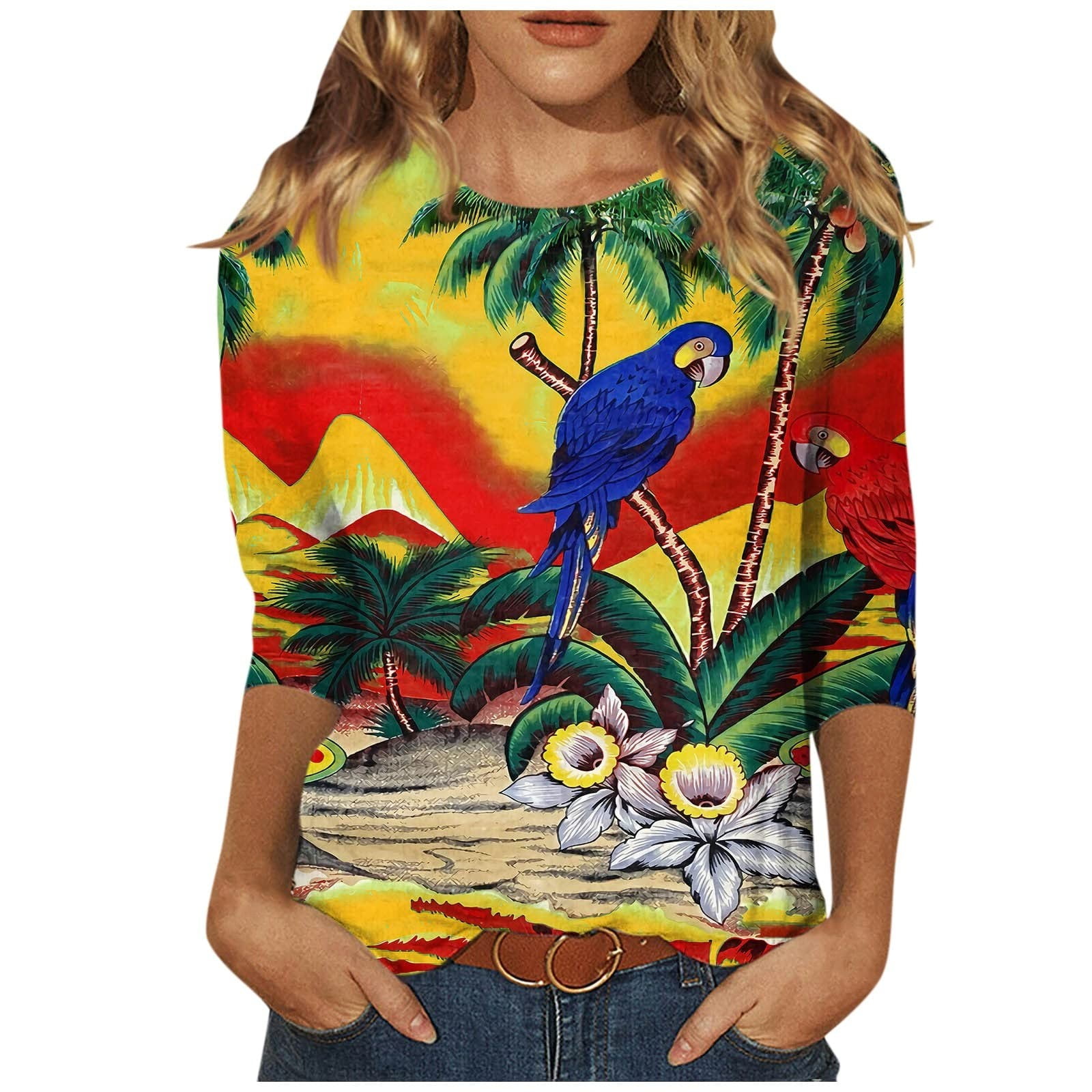 Hawaiian Shirts for Women Summer Tropical Beach Print Crew Neck 3/4 ...