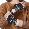 thumbnail image 1 of Women Punk Rivets Belt Up Half Finger Pu Leather Performance Gloves, 1 of 5