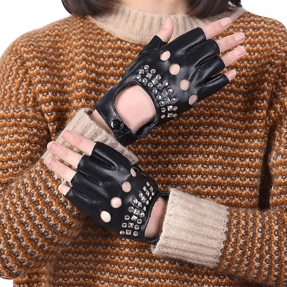 Women Punk Rivets Belt Up Half Finger Pu Leather Performance Gloves